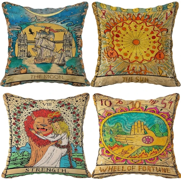 4 Tarot Card Tapestry Art Pillow Covers Sun Moon Wheel of Fortune Strength Cards
